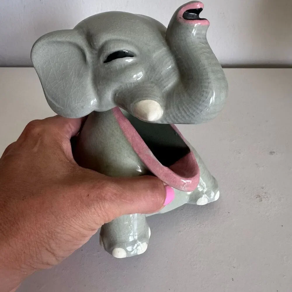 Vintage Mid-Century Ceramic Elephant Ashtray Trinket Novelty Decor Signed Alex